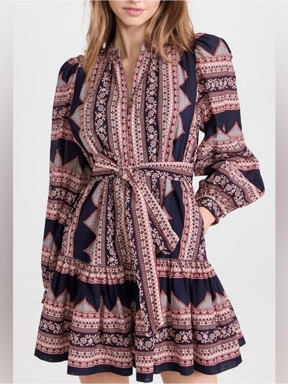 Sea New York Navy & Pink Printed Long-Sleeve Tiered Mini Dress